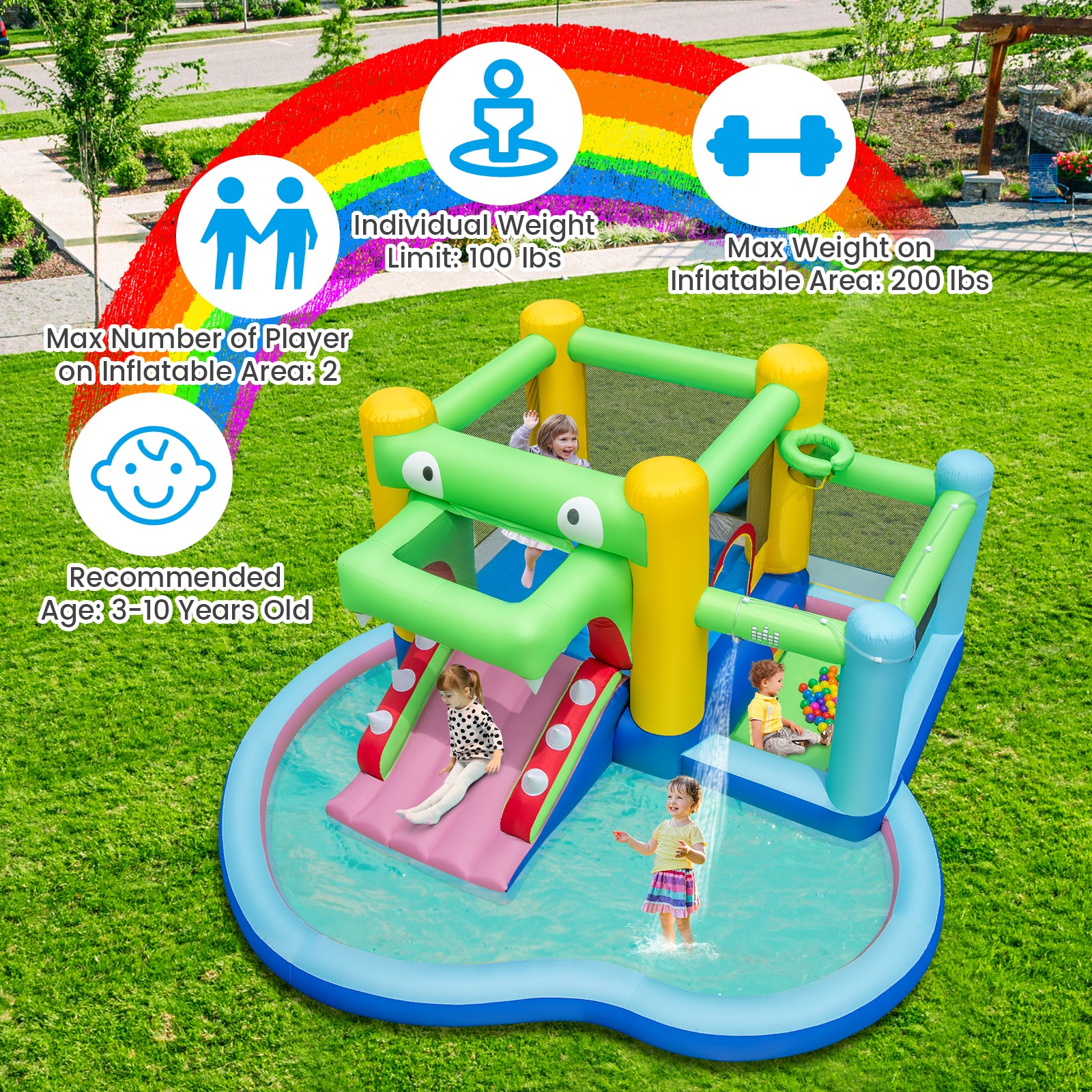 HOGEBABY Inflatable Bounce House, 5-in-1 Crocodile Water Park with Slide, Splash Pool - Image 7