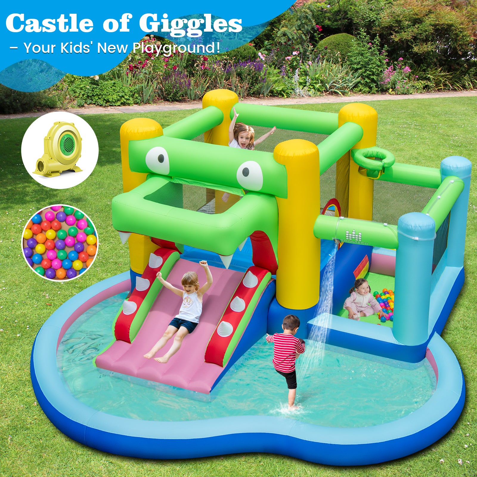 HOGEBABY Inflatable Bounce House, 5-in-1 Crocodile Water Park with Slide, Splash Pool - Image 2