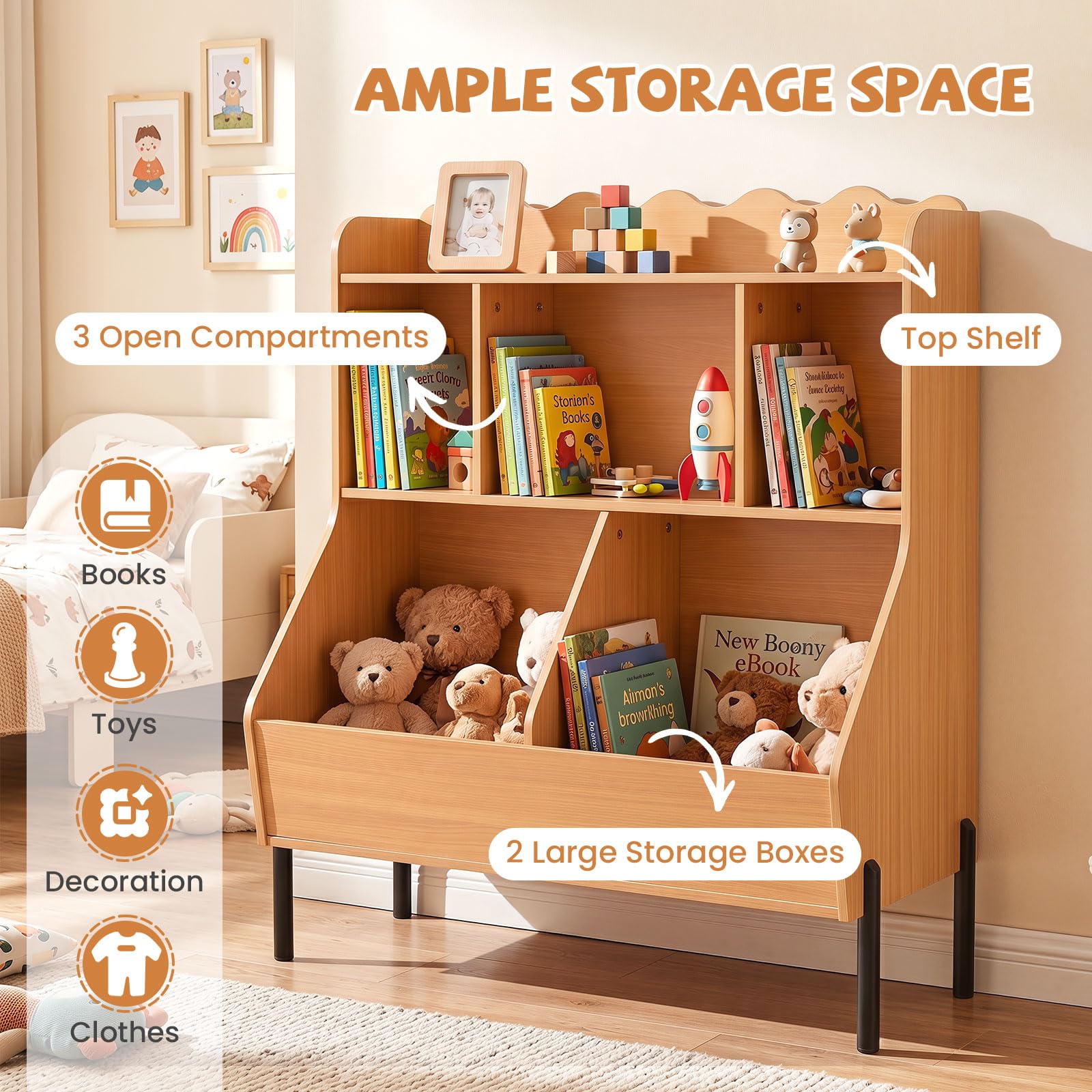 HOGEBABY Kids Bookshelf with Legs | Toddler Toy Storage Cabinet with Cubes - Image 4