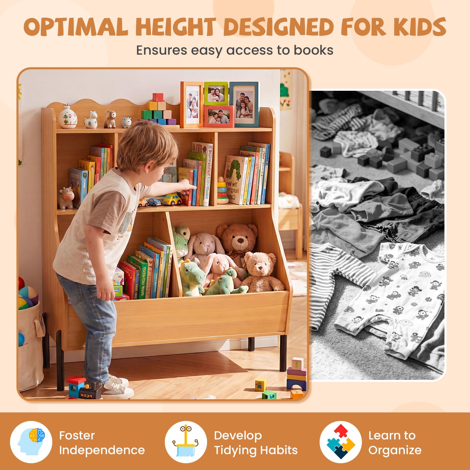 HOGEBABY Kids Bookshelf with Legs | Toddler Toy Storage Cabinet with Cubes - Image 5