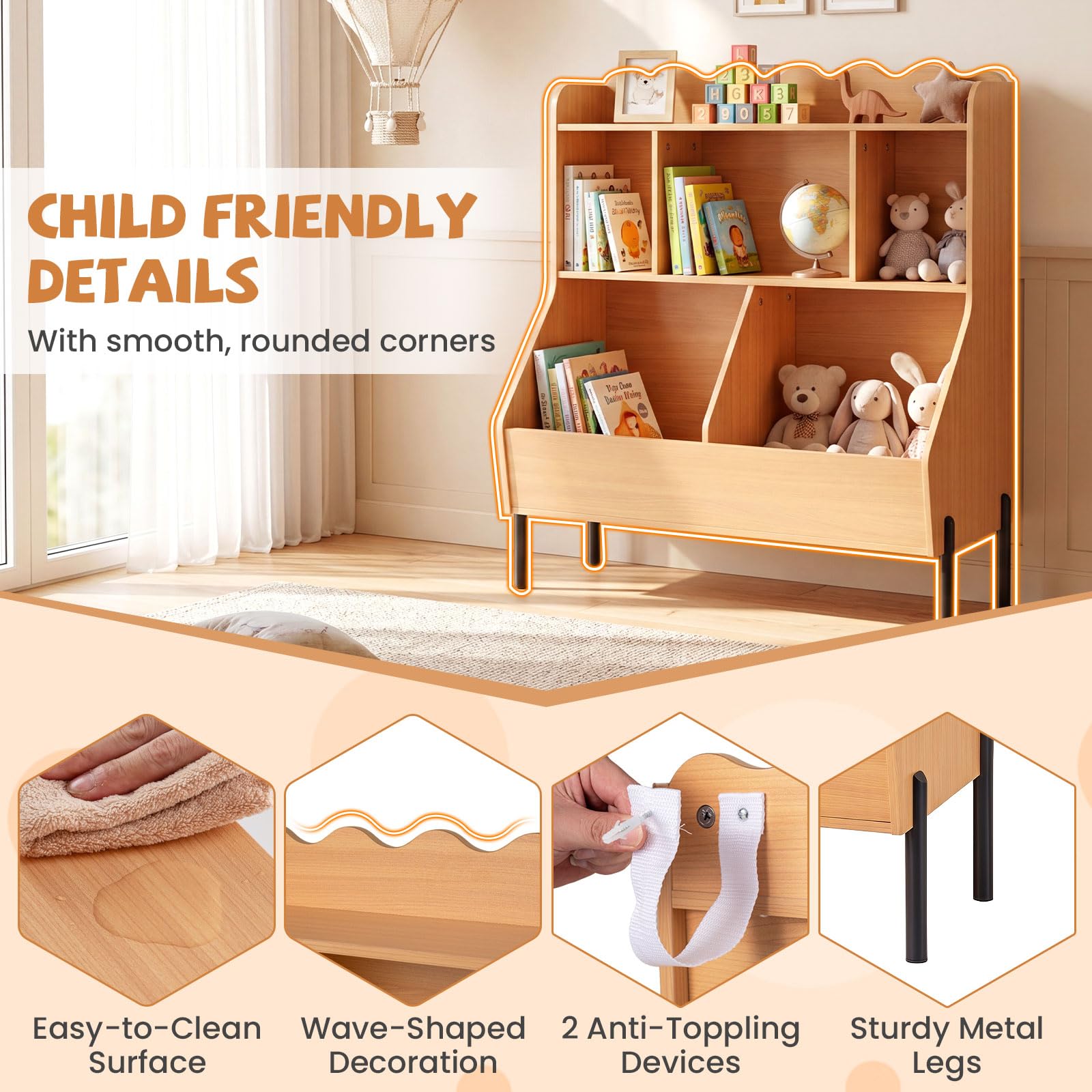 HOGEBABY Kids Bookshelf with Legs | Toddler Toy Storage Cabinet with Cubes - Image 6