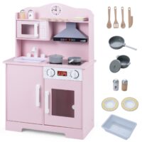 HOGEBABY Play Kitchen for Kids | Wooden Kitchen Playset w/Range Hood Cookware Accessories & Storage