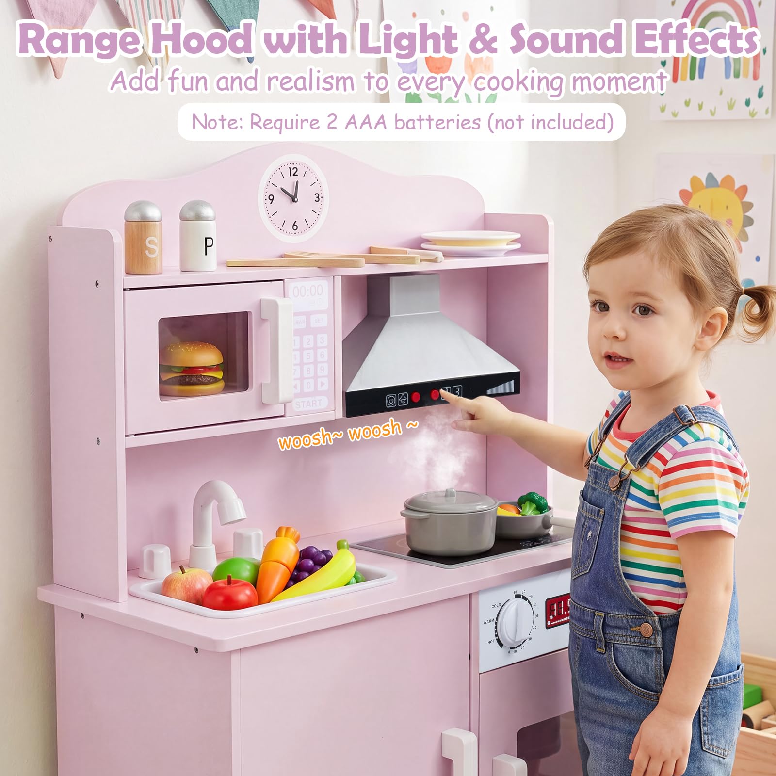 HOGEBABY Play Kitchen for Kids | Wooden Kitchen Playset w/Range Hood Cookware Accessories & Storage - Image 7