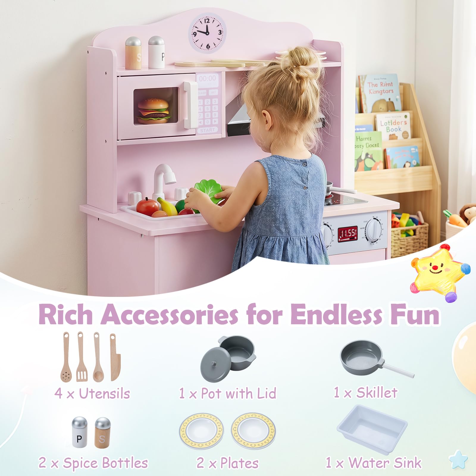 HOGEBABY Play Kitchen for Kids | Wooden Kitchen Playset w/Range Hood Cookware Accessories & Storage - Image 9