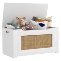 HOGEBABY 31.5 Toy Chest for Kids, Rattan Toy Storage Box with Flip Top Lid & Safety Hinge