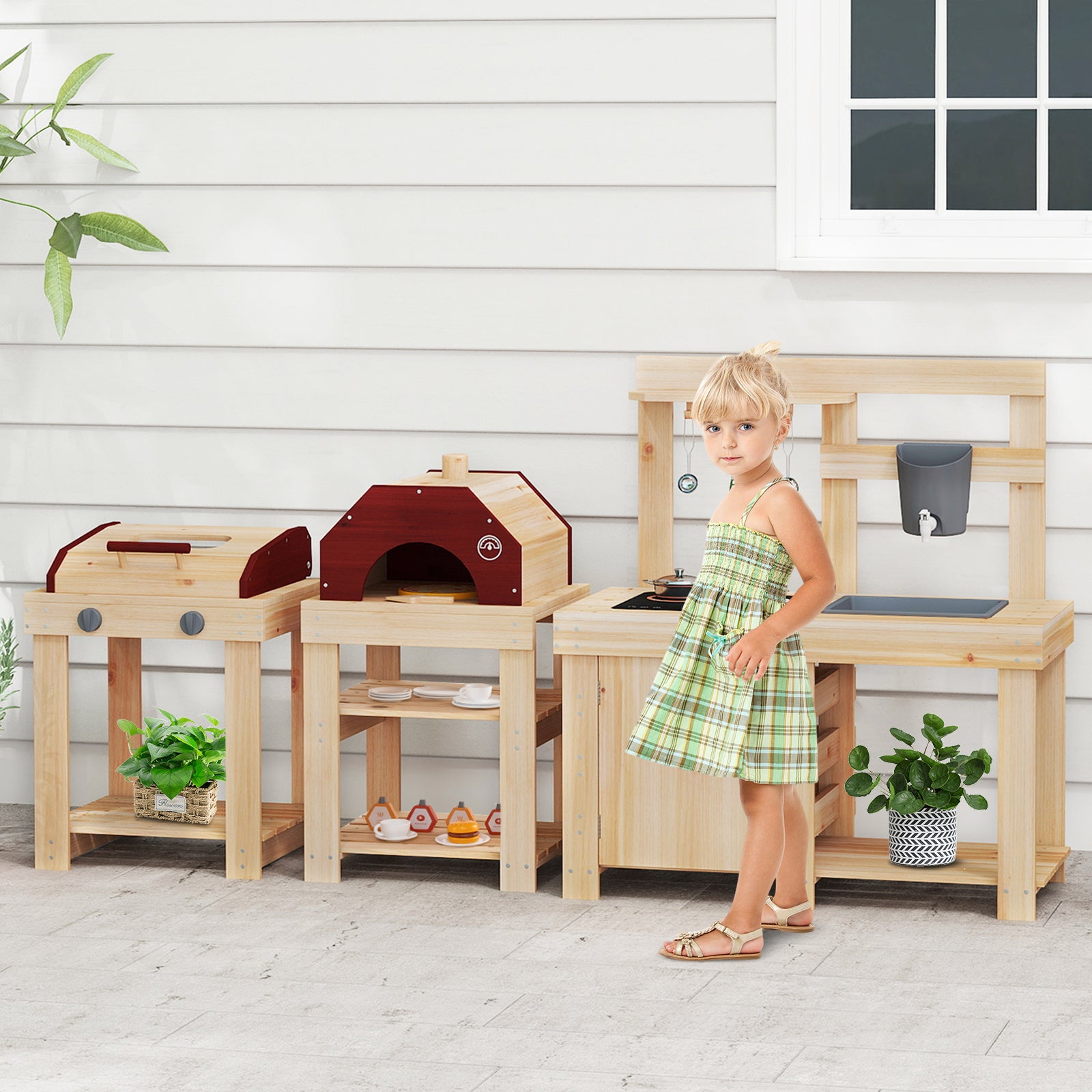 HOGEBABY 3-Piece Outdoor Kitchen Set, Wooden Mud Kitchen - Image 2