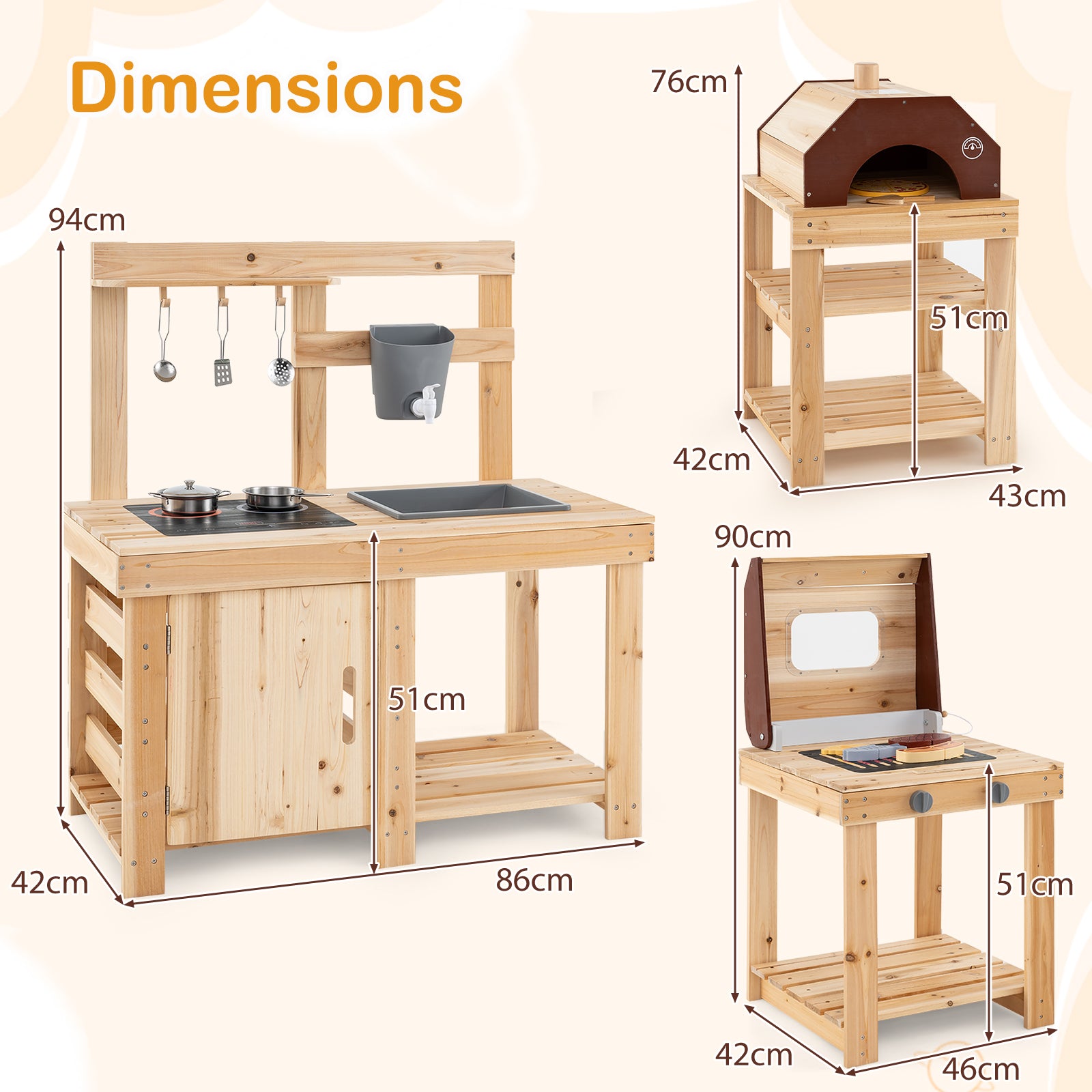 HOGEBABY 3-Piece Outdoor Kitchen Set, Wooden Mud Kitchen - Image 10