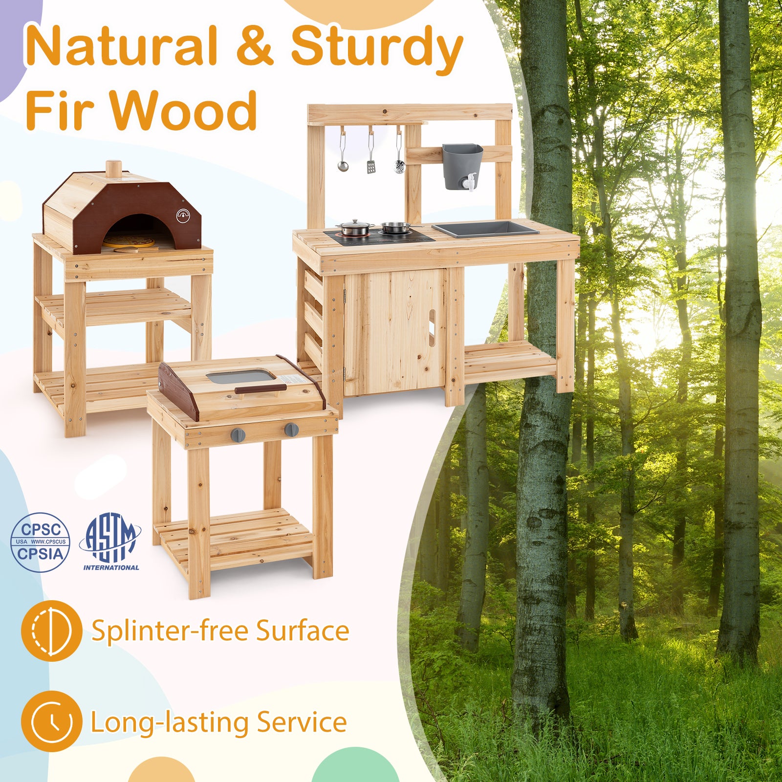HOGEBABY 3-Piece Outdoor Kitchen Set, Wooden Mud Kitchen - Image 3