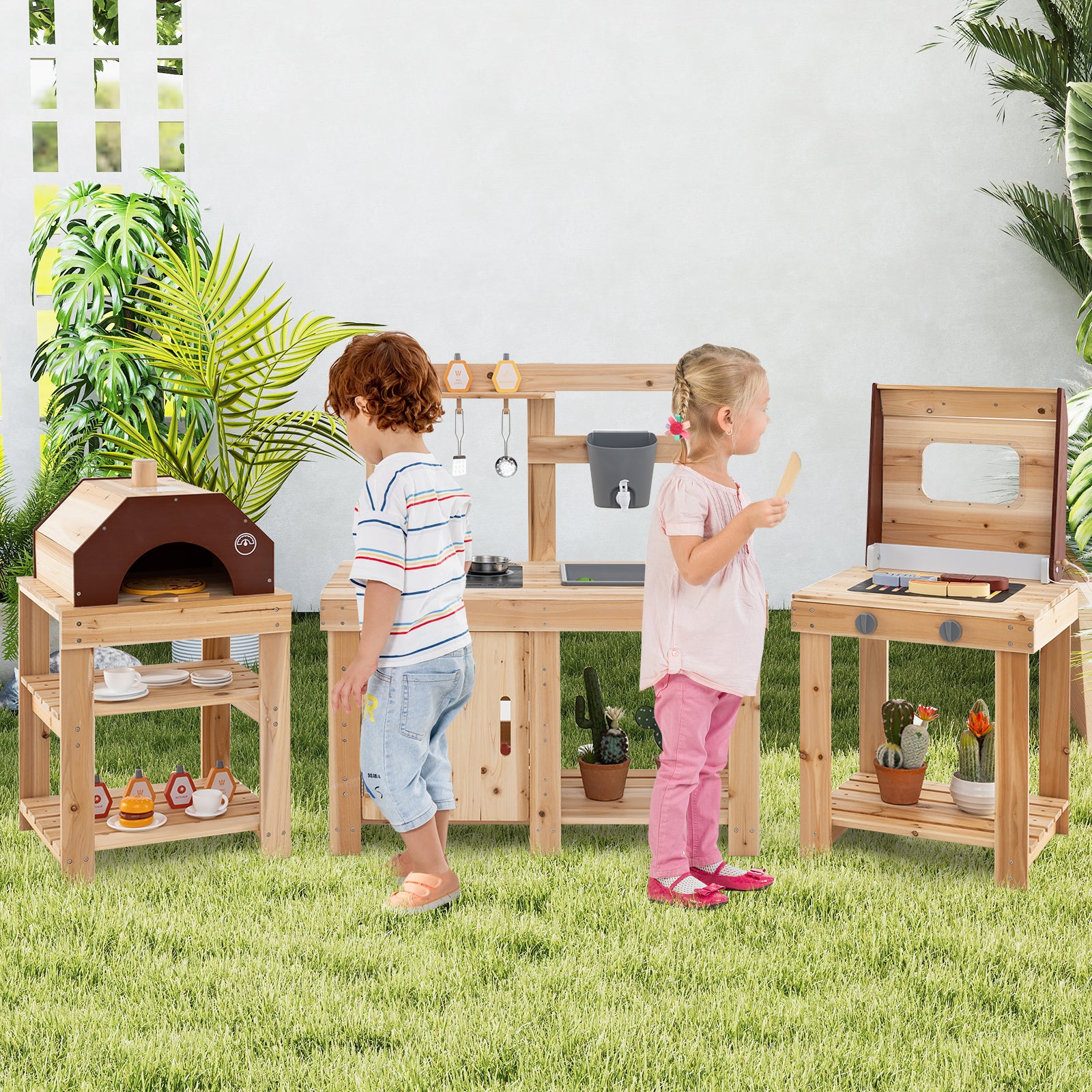 HOGEBABY 3-Piece Outdoor Kitchen Set, Wooden Mud Kitchen - Image 9