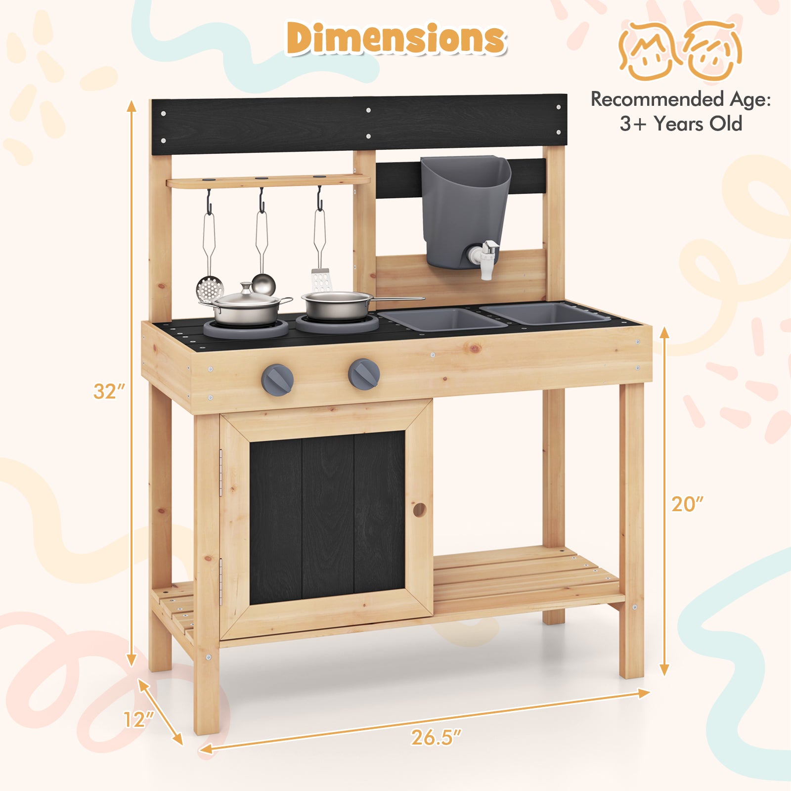 HOGEBABY Mud Kitchen, Wooden Kids Kitchen Playset with 2 Removable Sinks - Image 10