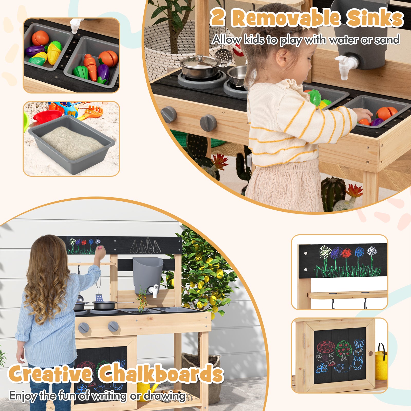 HOGEBABY Mud Kitchen, Wooden Kids Kitchen Playset with 2 Removable Sinks - Image 3