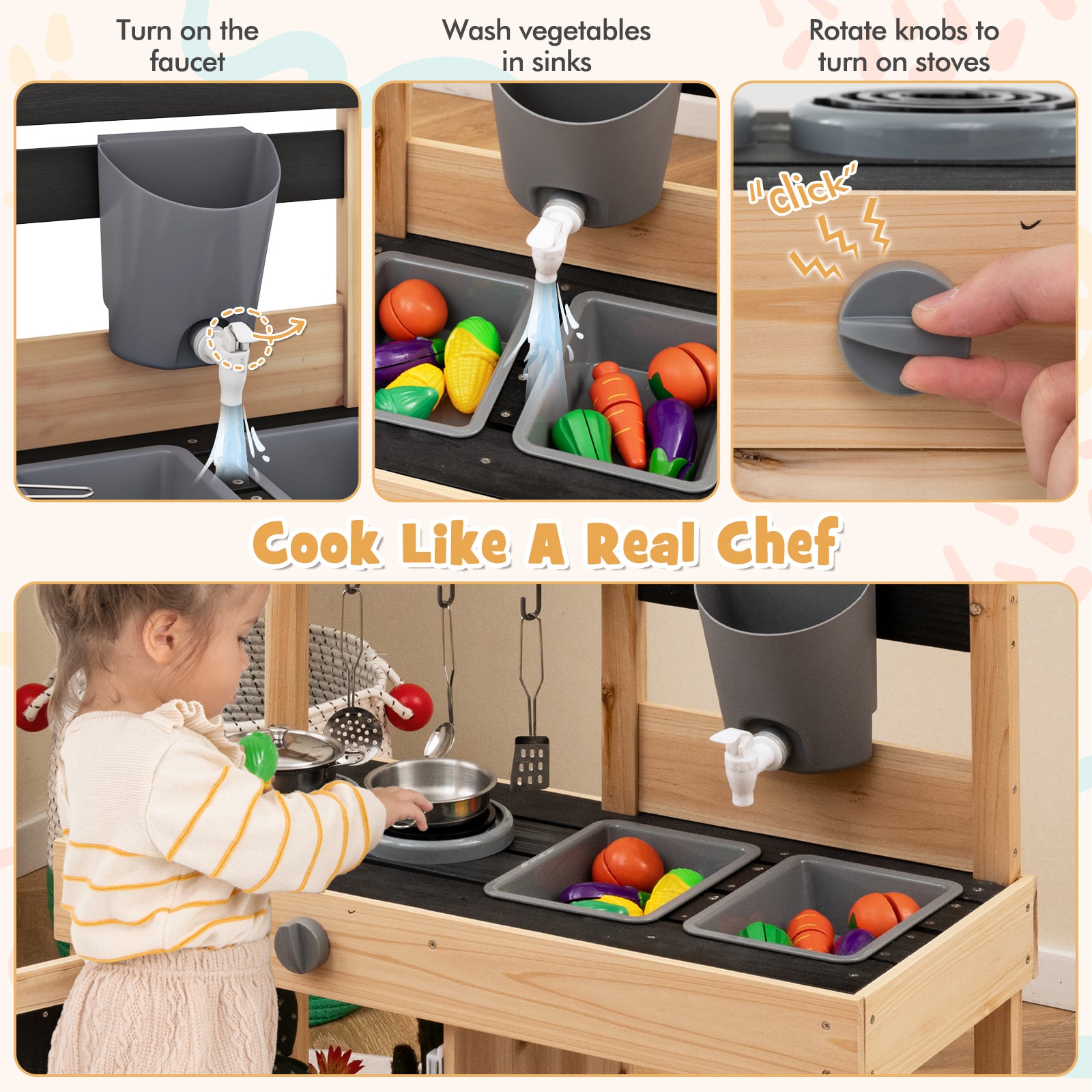 HOGEBABY Mud Kitchen, Wooden Kids Kitchen Playset with 2 Removable Sinks - Image 4