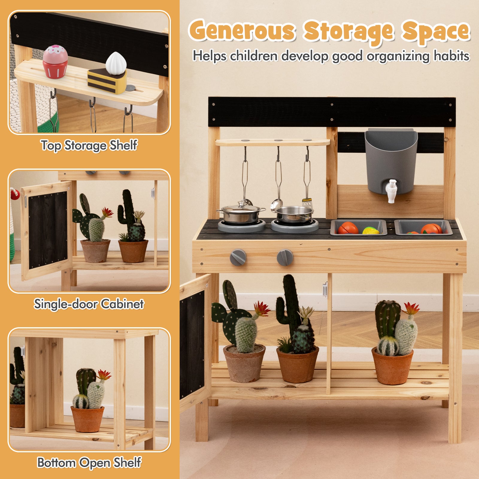 HOGEBABY Mud Kitchen, Wooden Kids Kitchen Playset with 2 Removable Sinks - Image 6