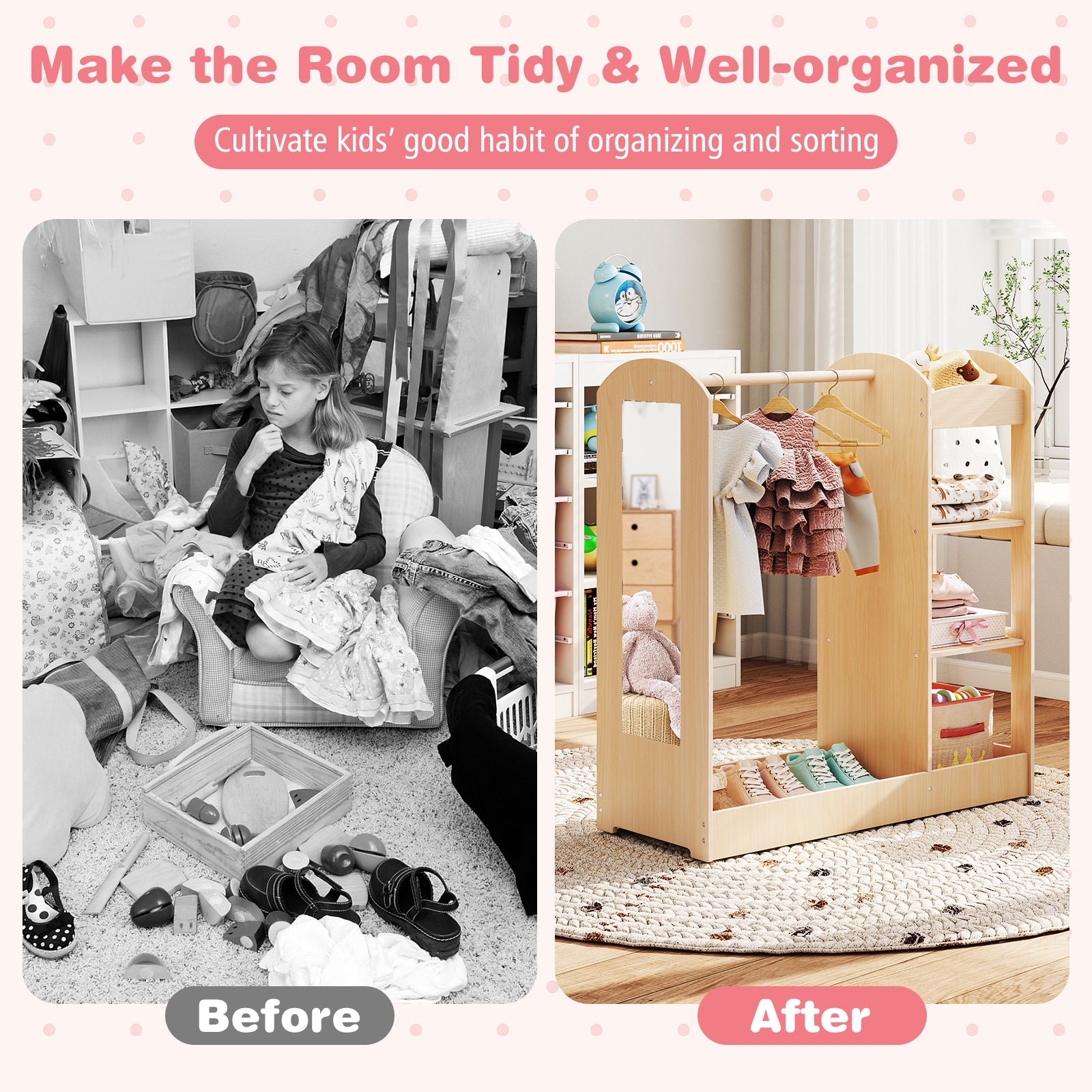 HOGEBABY Kids Dress up Storage with Mirror, Clothes Rack, 3-Tier Shelves - Image 10