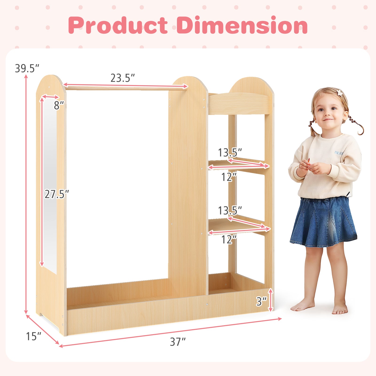HOGEBABY Kids Dress up Storage with Mirror, Clothes Rack, 3-Tier Shelves - Image 12