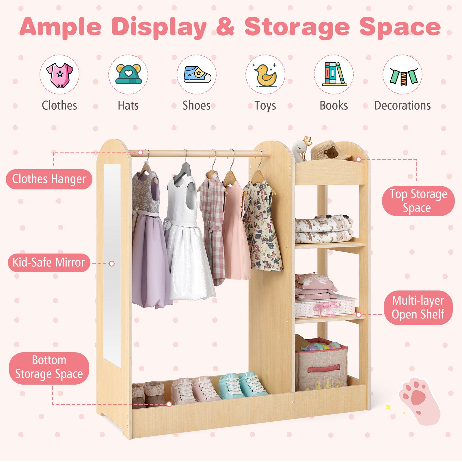 HOGEBABY Kids Dress up Storage with Mirror, Clothes Rack, 3-Tier Shelves - Image 8