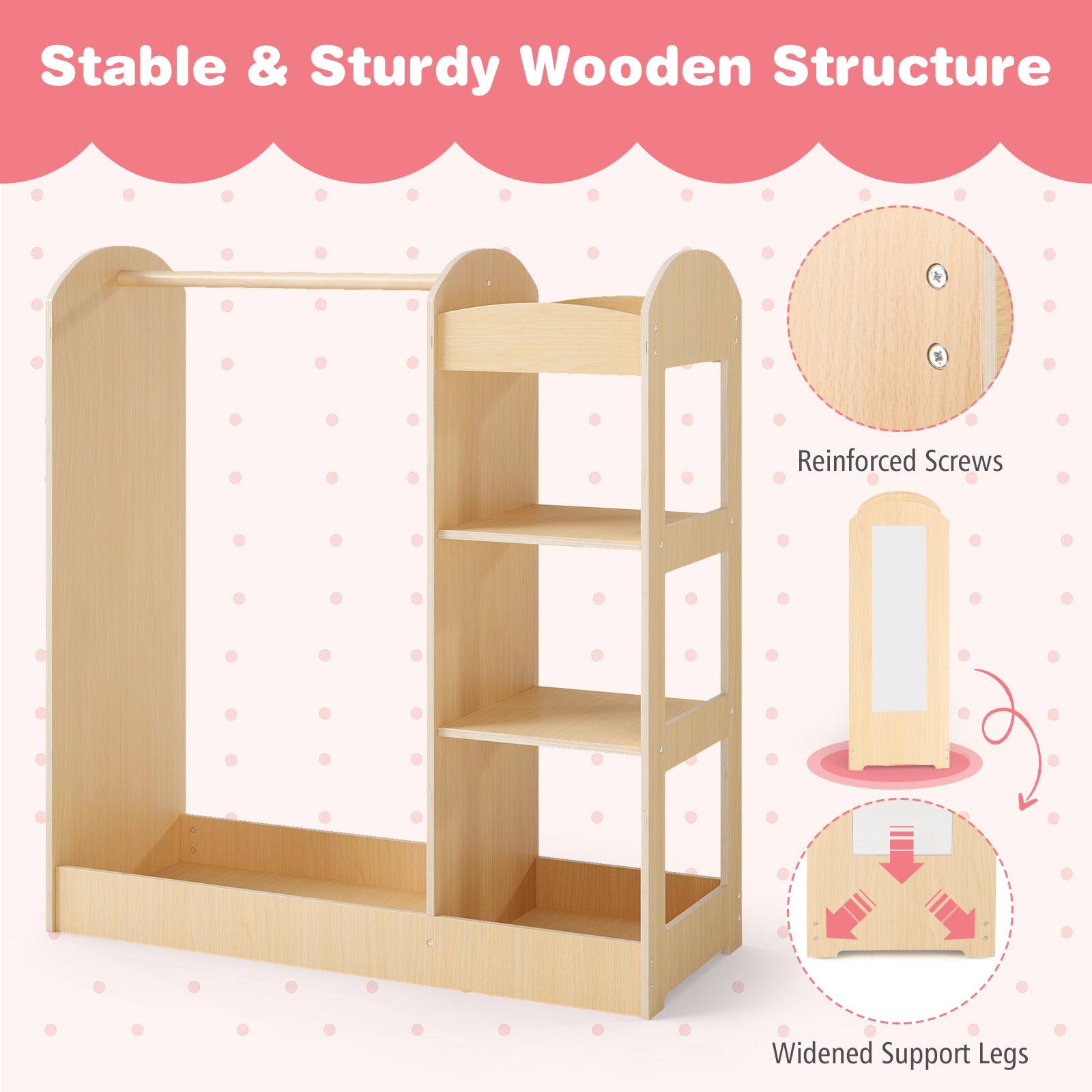 HOGEBABY Kids Dress up Storage with Mirror, Clothes Rack, 3-Tier Shelves - Image 9