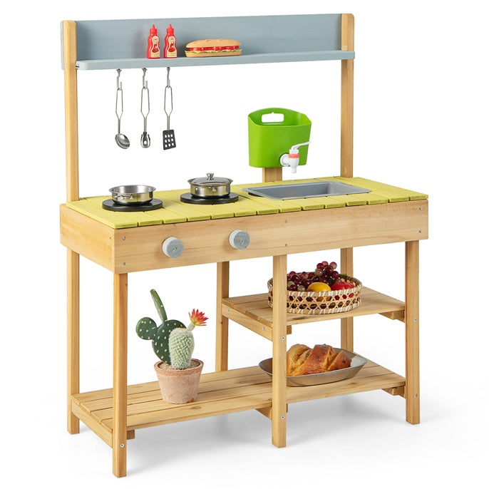 HOGEBABY Wooden Kids Play Kitchen, Outdoor Mud Kitchen with Removable Sink, Water Box & Faucet - Image 10