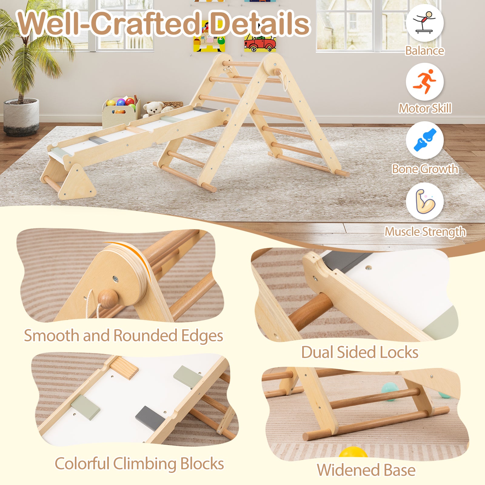 HOGEBABY 3-in-1 Pikler Triangle Climbing Set, Kids Montessori Climbing Toys w/ Dual-Side Ramp & Adjustable Climbing Triangle - Image 8