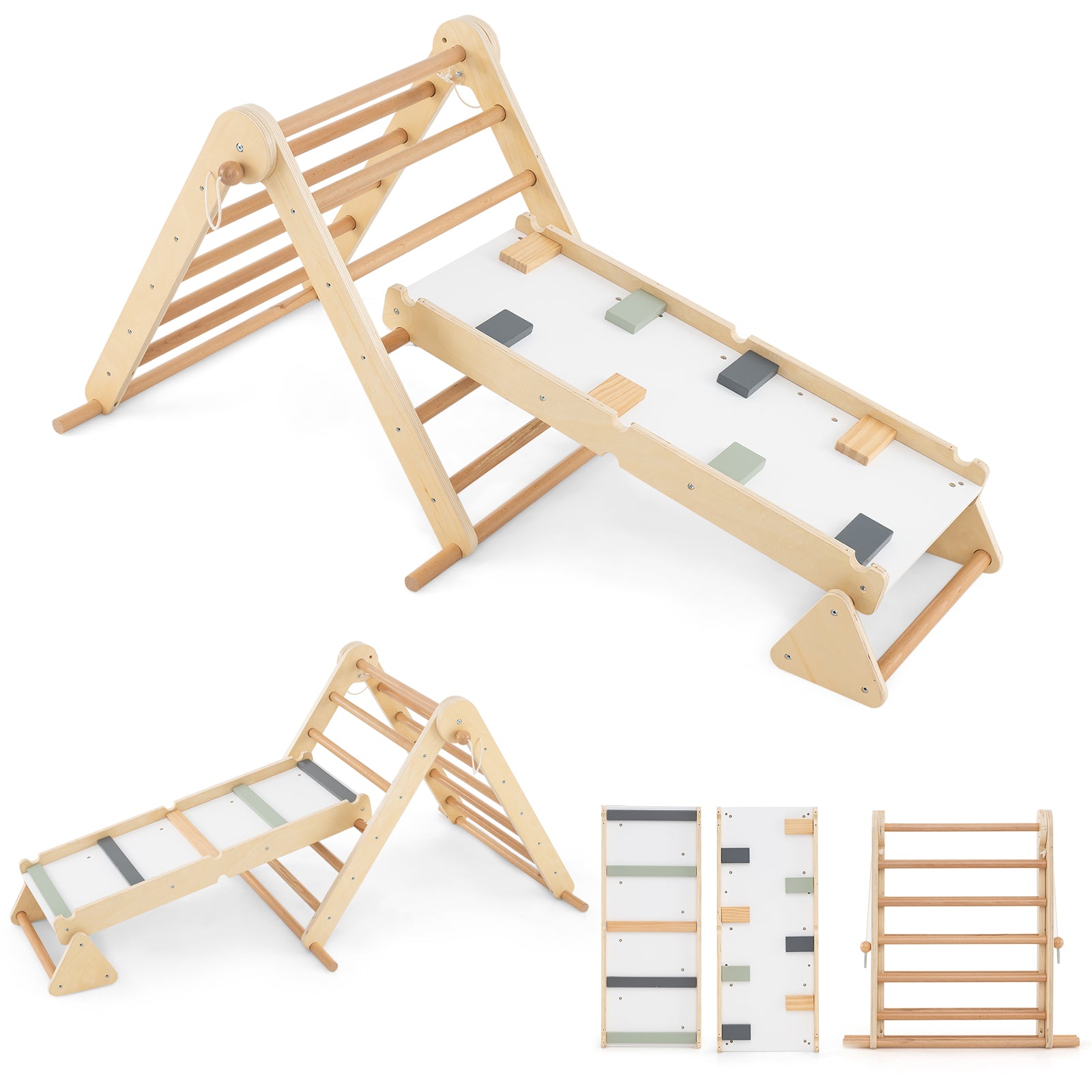 HOGEBABY 3-in-1 Pikler Triangle Climbing Set, Kids Montessori Climbing Toys w/ Dual-Side Ramp & Adjustable Climbing Triangle