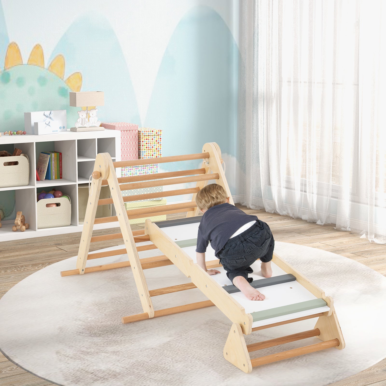 HOGEBABY 3-in-1 Pikler Triangle Climbing Set, Kids Montessori Climbing Toys w/ Dual-Side Ramp & Adjustable Climbing Triangle - Image 2