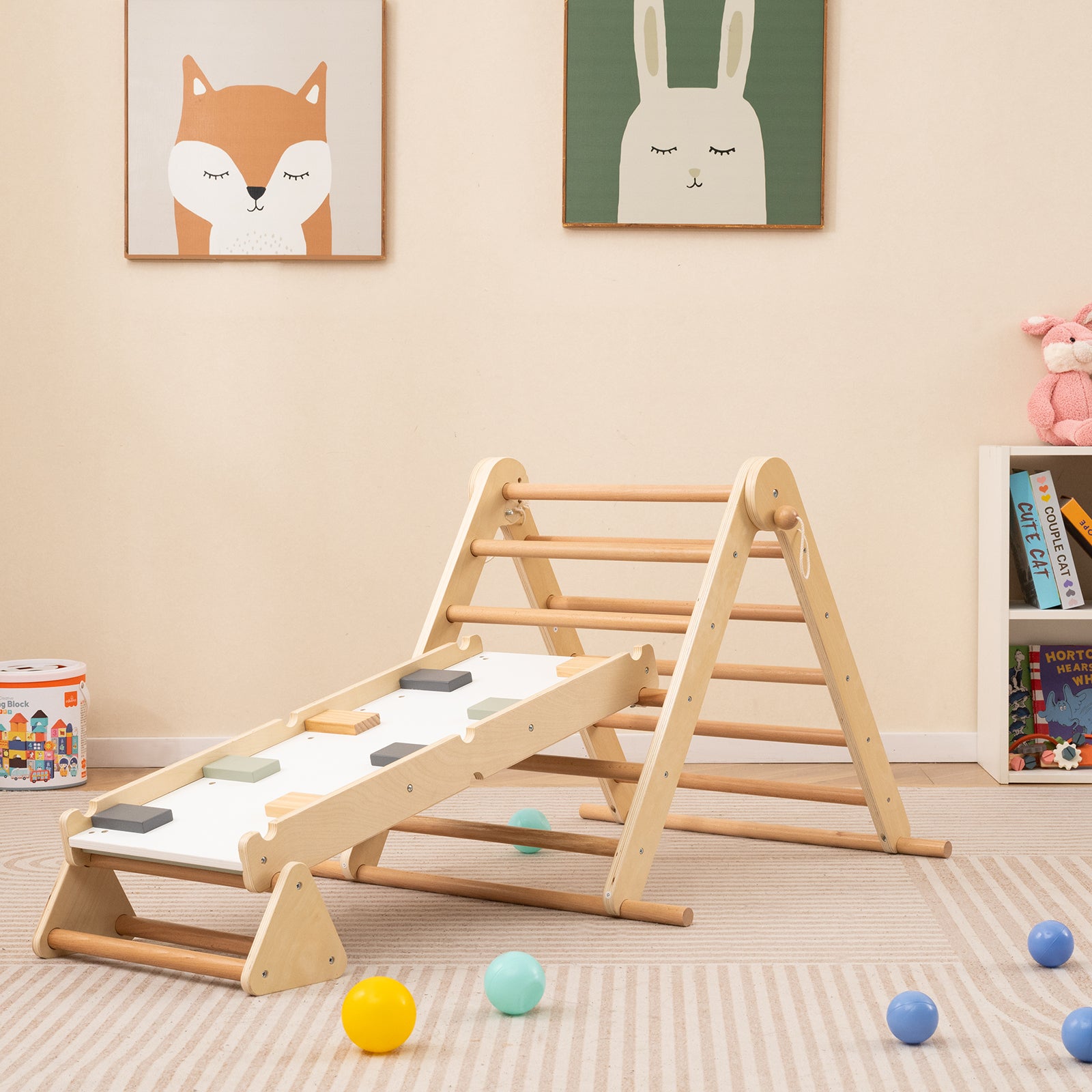 HOGEBABY 3-in-1 Pikler Triangle Climbing Set, Kids Montessori Climbing Toys w/ Dual-Side Ramp & Adjustable Climbing Triangle - Image 3