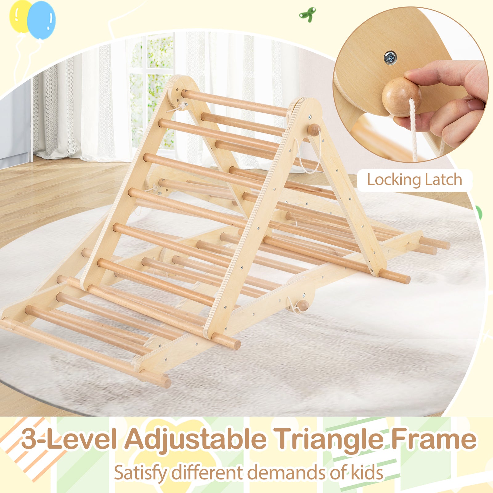 HOGEBABY 3-in-1 Pikler Triangle Climbing Set, Kids Montessori Climbing Toys w/ Dual-Side Ramp & Adjustable Climbing Triangle - Image 5