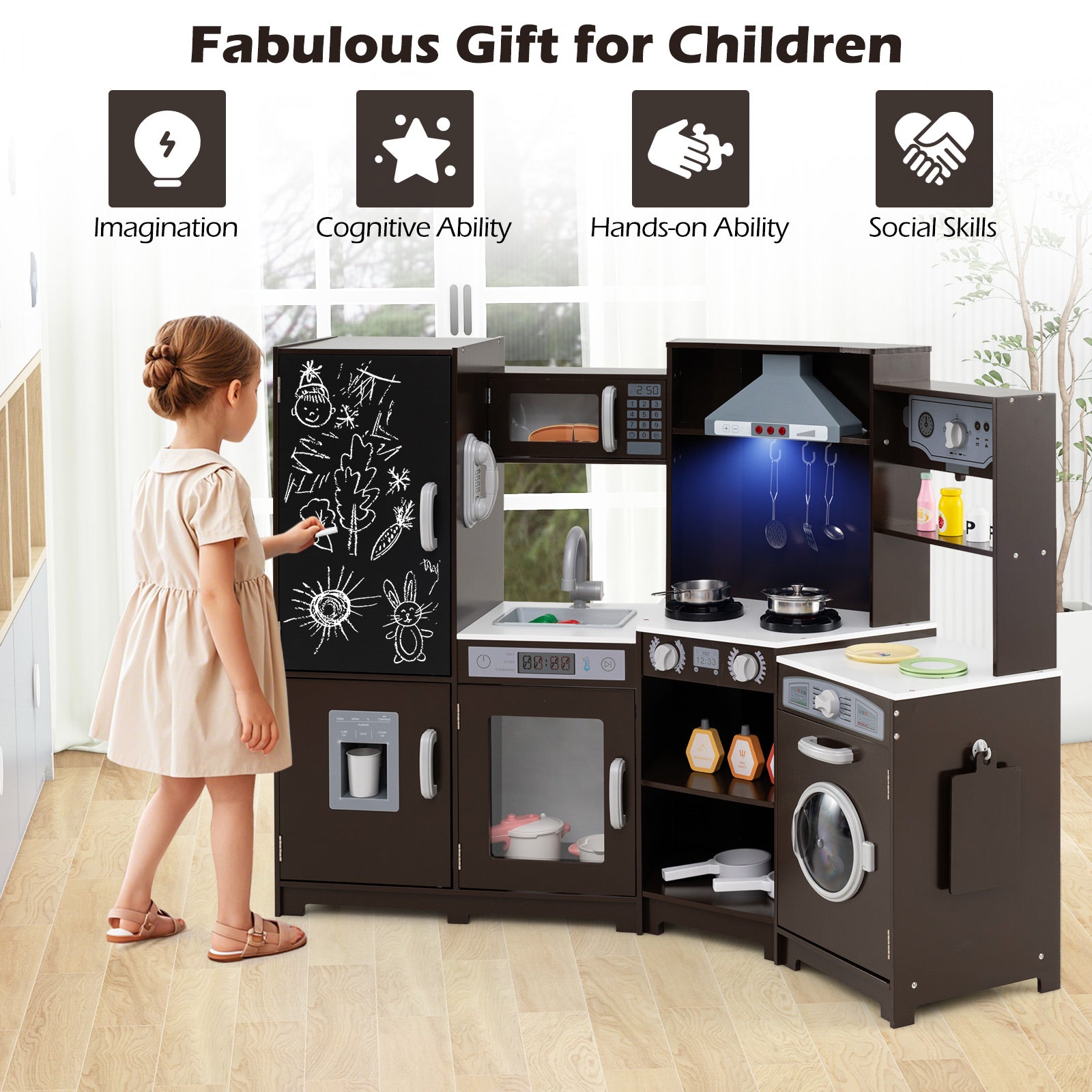 HOGEBABY Corner Wooden Play Kitchen w/Lights - Image 7