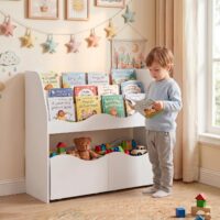 HOGEBABY Wooden Kids Bookshelf with 2 Rolling Drawers | Montessori Kids Storage Cabinet Book Rack