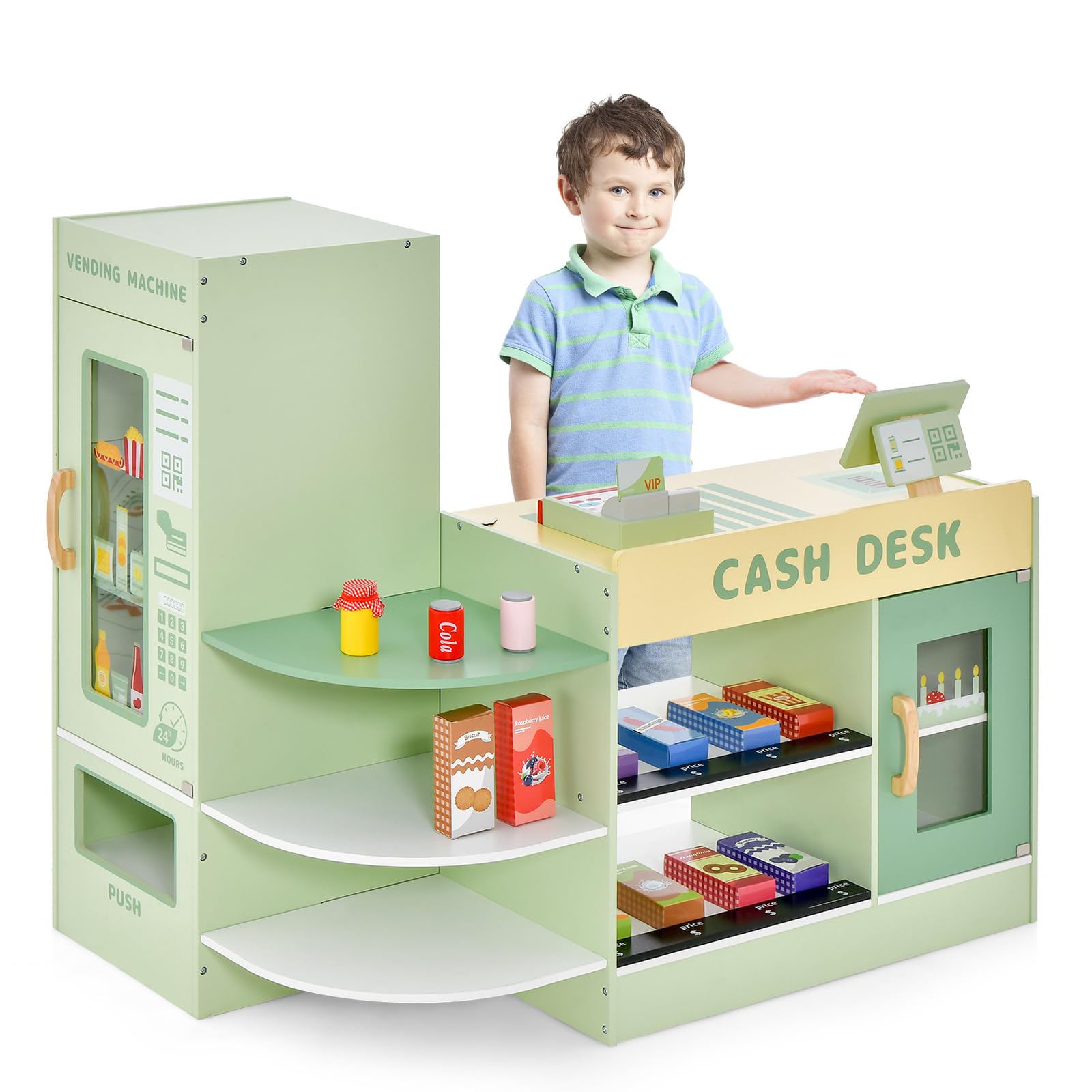 HOGEBABY Pretend Grocery Store Playset, Wooden Supermarket Toy Set for Kids with Chalkboard - Image 9