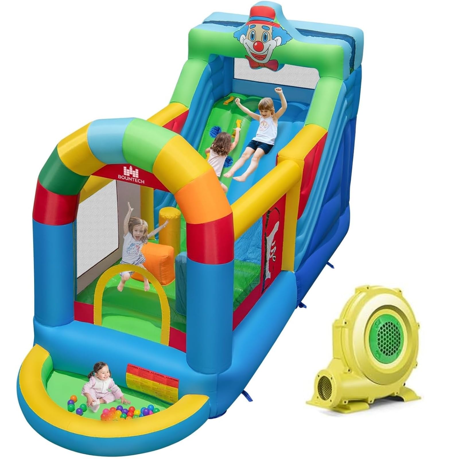 HOGEBABY Inflatable Bounce House, Clownland Bouncy House with Long Slide for Kids 3-6