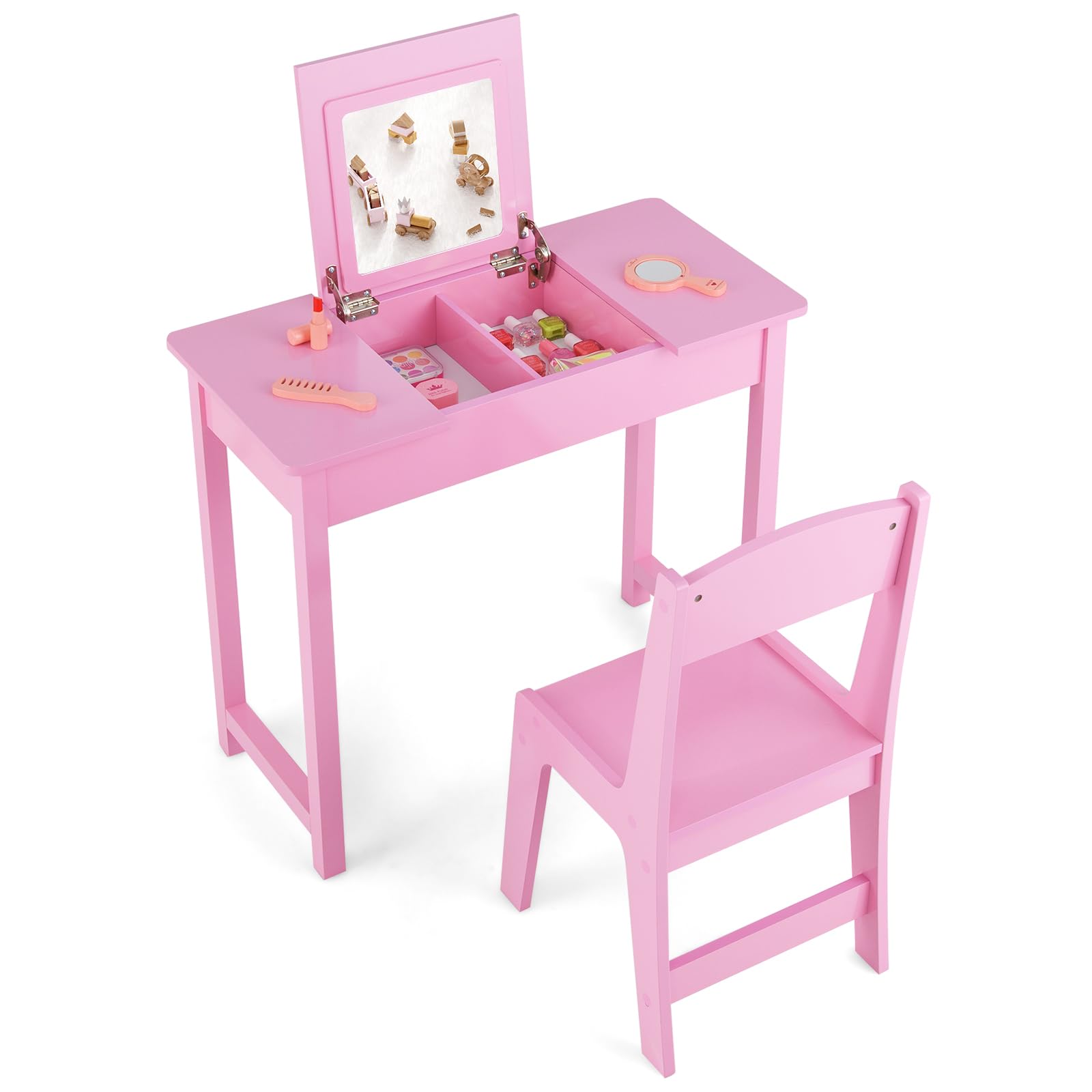 HOGEBABY Kids Vanity, 2 in 1 Girls Vanity Set with Flip Top Mirror, Hidden Storage Space