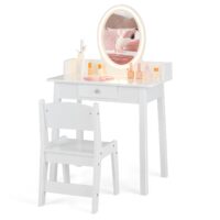 HOGEBABY Kids Vanity, Girls Vanity Set with Mirror and Stool and Lights, 2 in 1 Wooden Princess Makeup Desk Dressing Table