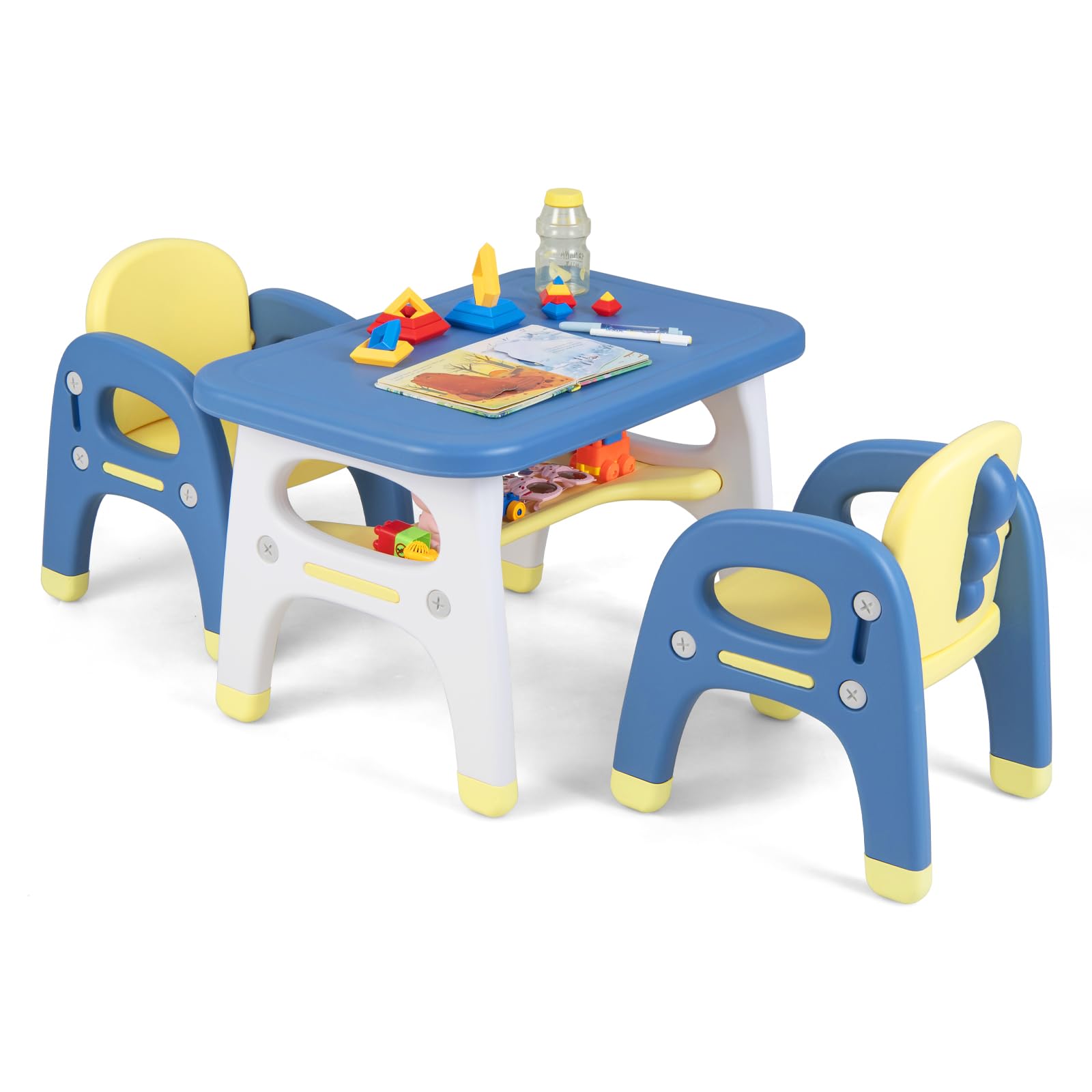 HOGEBABY Kids Table and Chair Set w/Montessori Toys, Kids Activity Table w/Storage Shelf