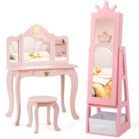 HOGEBABY Kids Vanity & Jewelry Armoire Cabinet, Pretend Play Wooden Kids Vanity Table and Chair Set