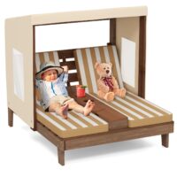 HOGEBABY Kids Lounge Chair Outdoor, Wood Double Seat Chaise Lounge with Canopy, Cup Holders