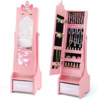 HOGEBABY Kids Jewelry Armoire Cabinet, 45.5" Standing Jewelry Organizer with Full-Length Mirror
