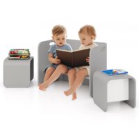 HOGEBABY Kids Table and Chair Set, 4 in 1 Wood Activity Table, Bench, Storage Shelves, Desk for Children Reading