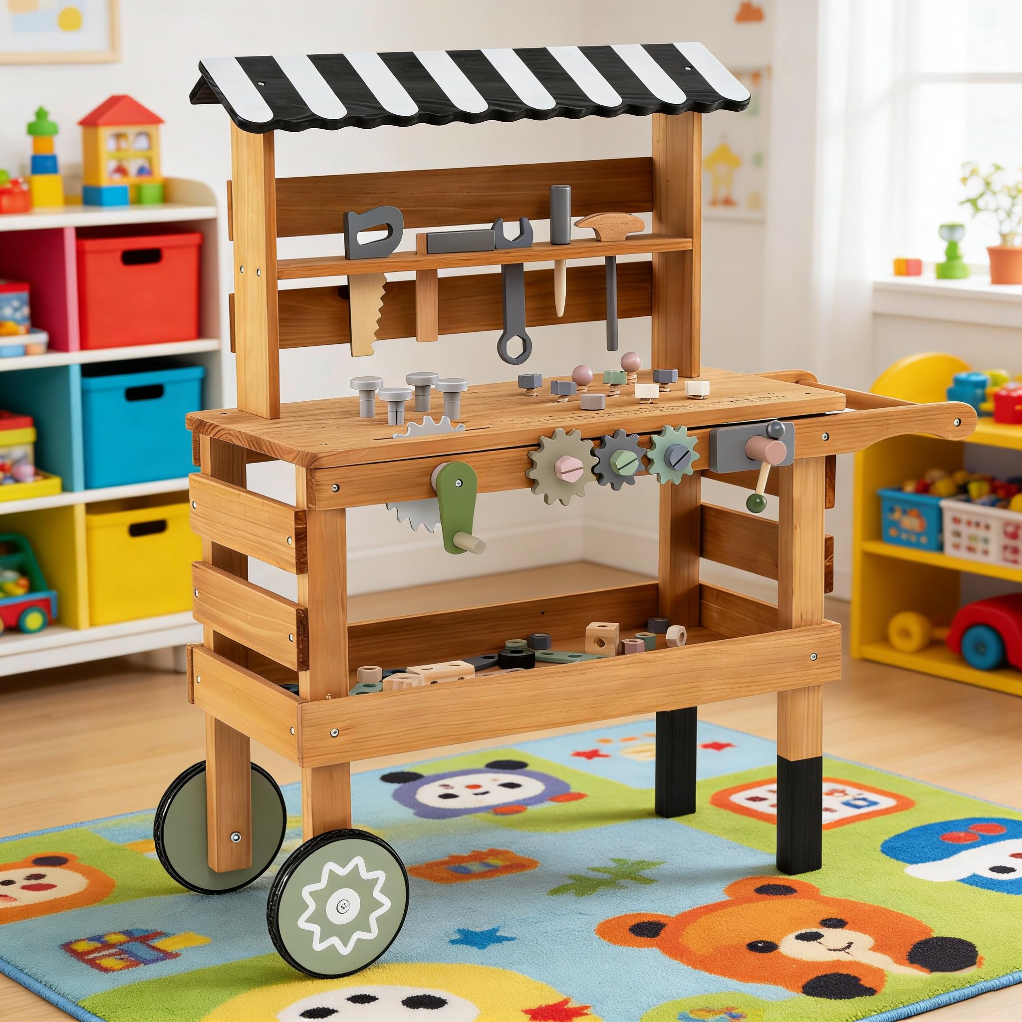HOGEBABY 2 in 1 Wooden Kids Workbench w/Play Tools Set