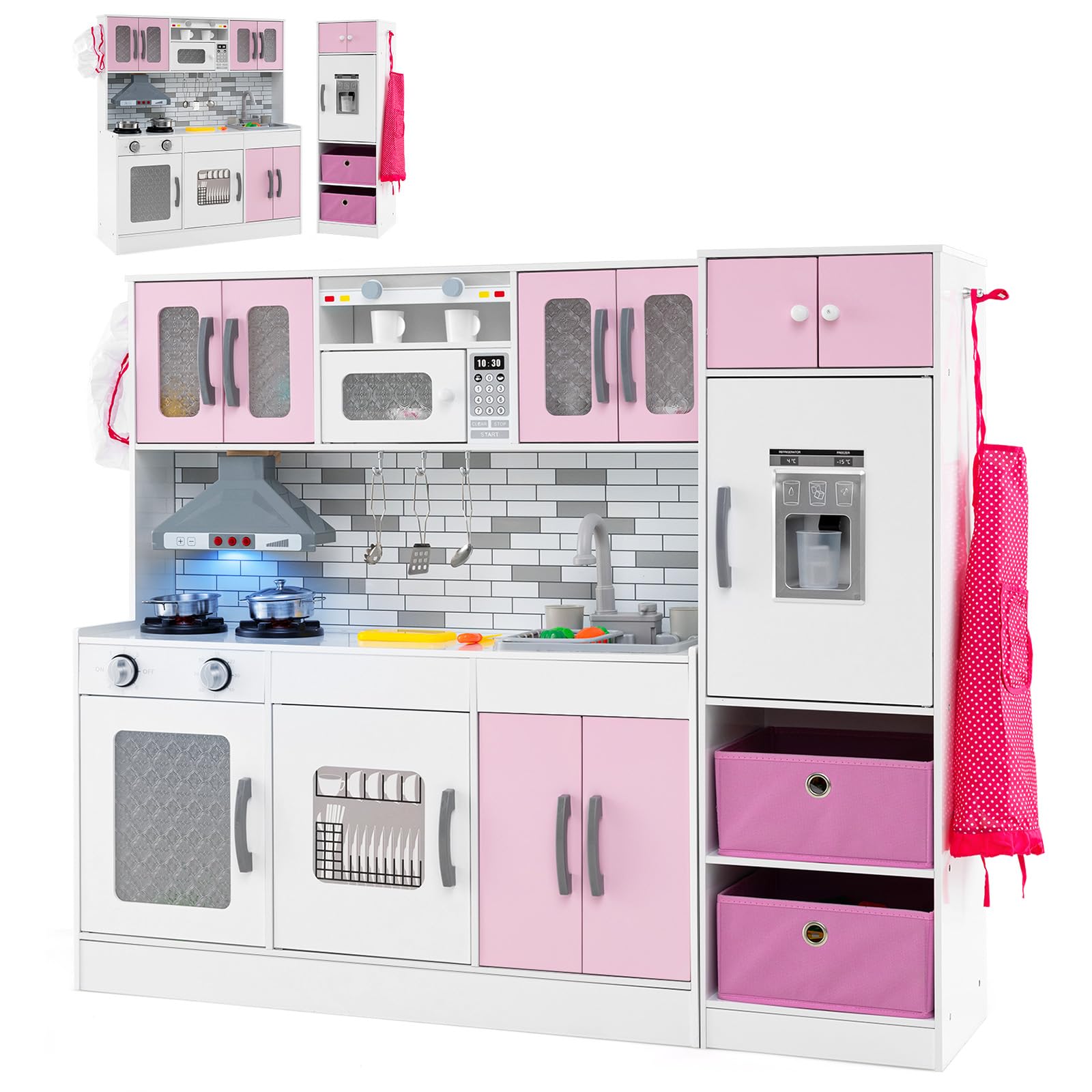 HOGEBABY 2-Piece Kids Kitchen Playset, Wooden Play Kitchen with Water Circulation, Lights and Sounds - Image 10
