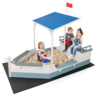 HOGEBABY Pirate Ship Sandbox with Canopy Fir Wood Boat Sand Box w/Flag