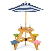 HOGEBABY Kids Picnic Table | 4-Person Wooden Toddler Outdoor Table & Stool Set with Adjustable Umbrella