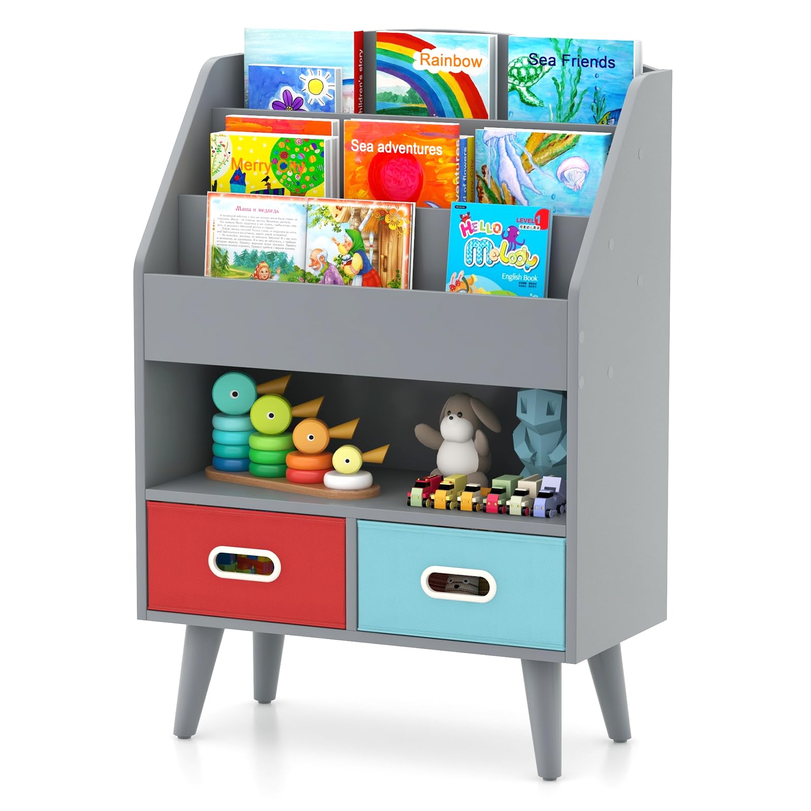 HOGEBABY Kids Bookshelf, 5-Tier Wooden Childrens Book Rack with 2 Cube Bins for Books and Toys - Image 11
