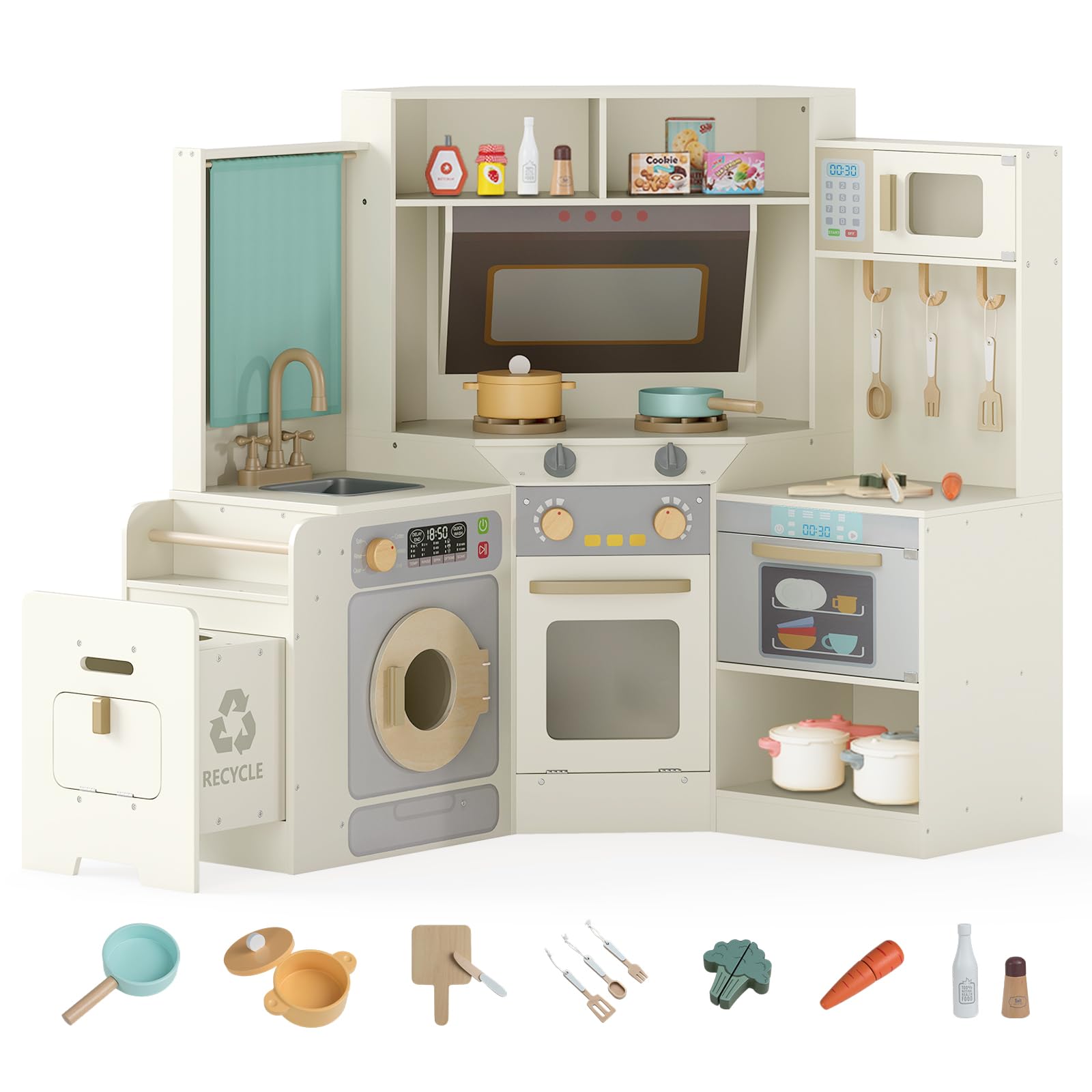 HOGEBABY Corner Play Kitchen, Large Pretend Play Kitchen with/Real Light & Sound