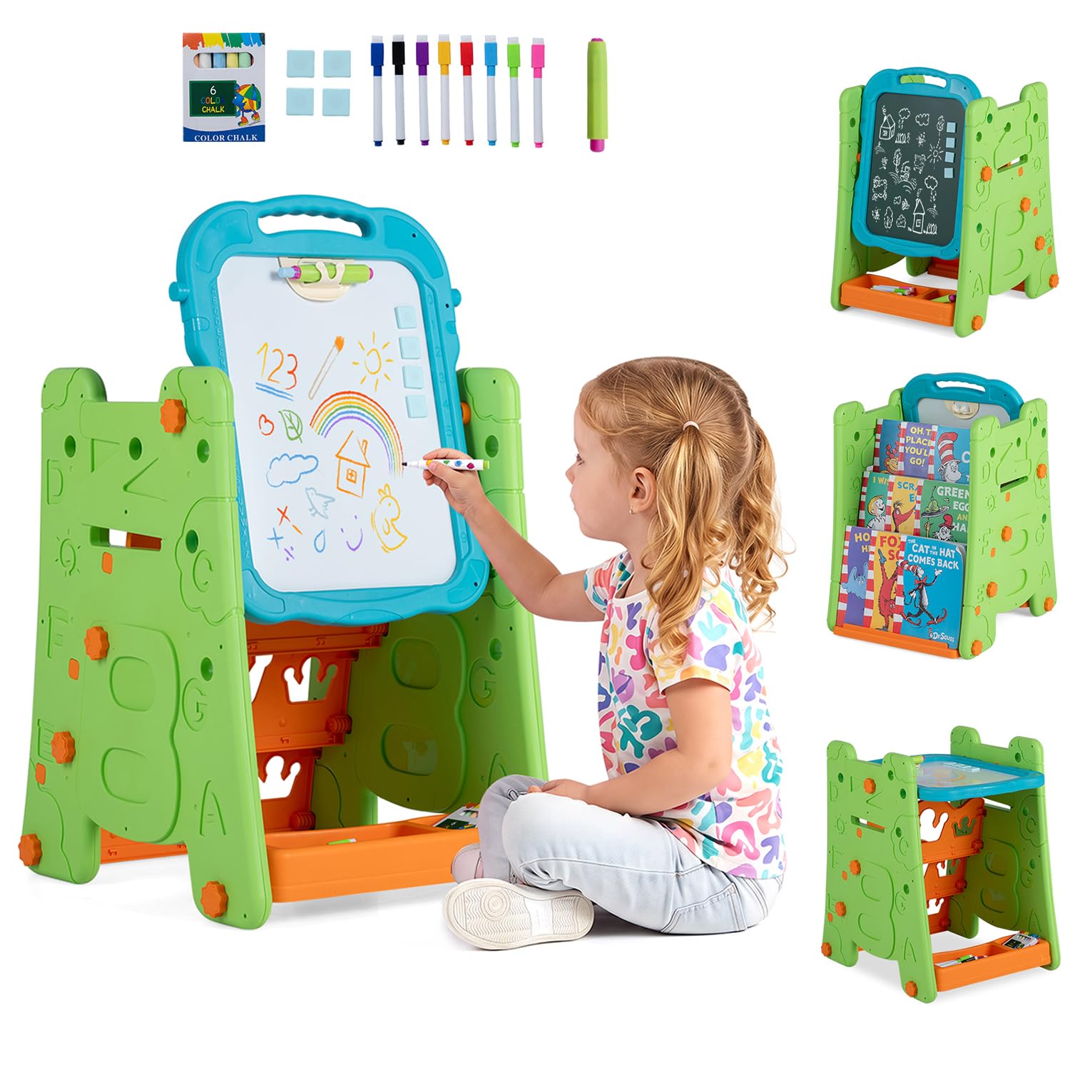 HOGEBABY 4 in 1 Art Easel for Kids | Chalkboard & Whiteboard w/ Book Rack & Art Accessories