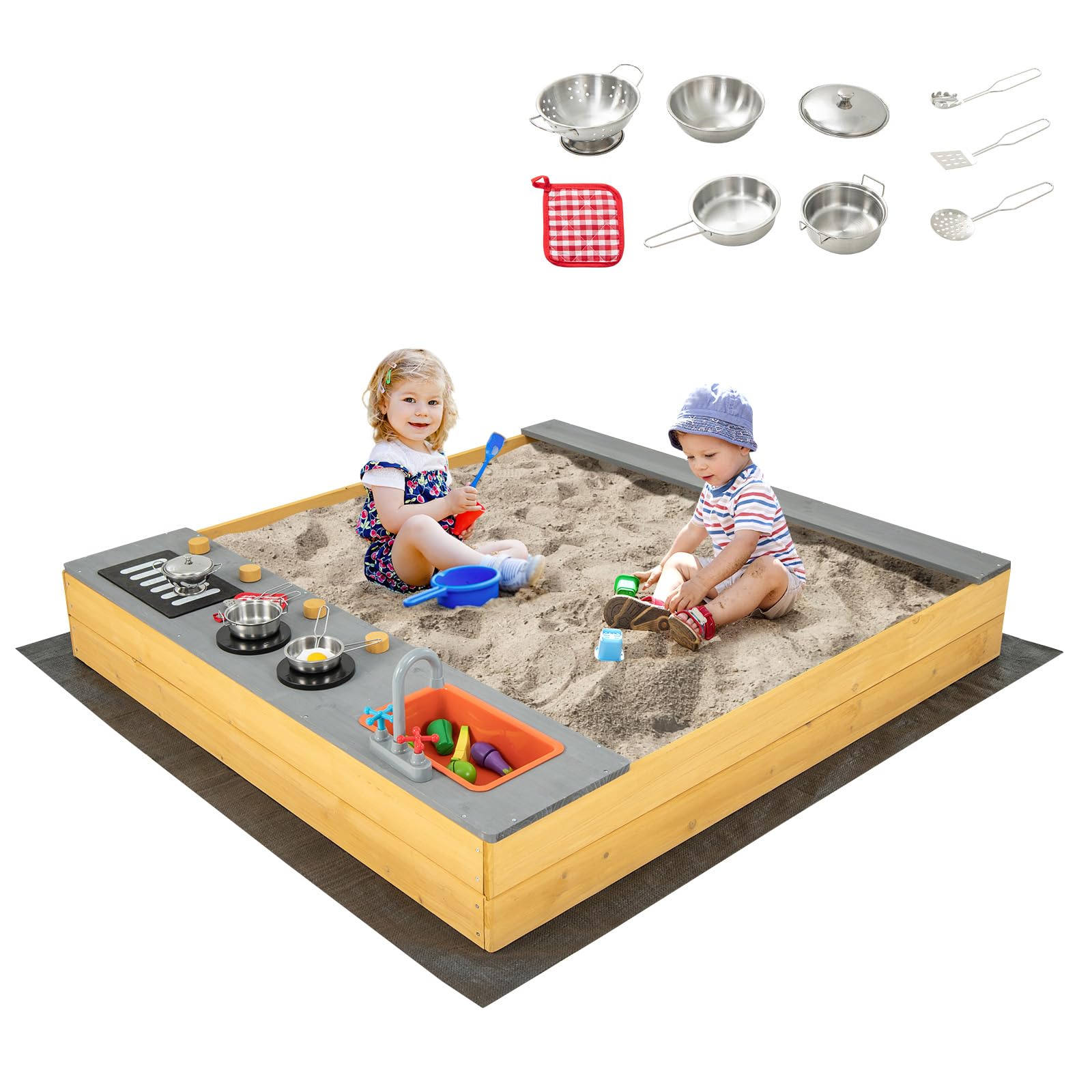 HOGEBABY Kids Sandbox, Wooden Sand Pit w/Kitchen Playset Accessories, Water Faucet