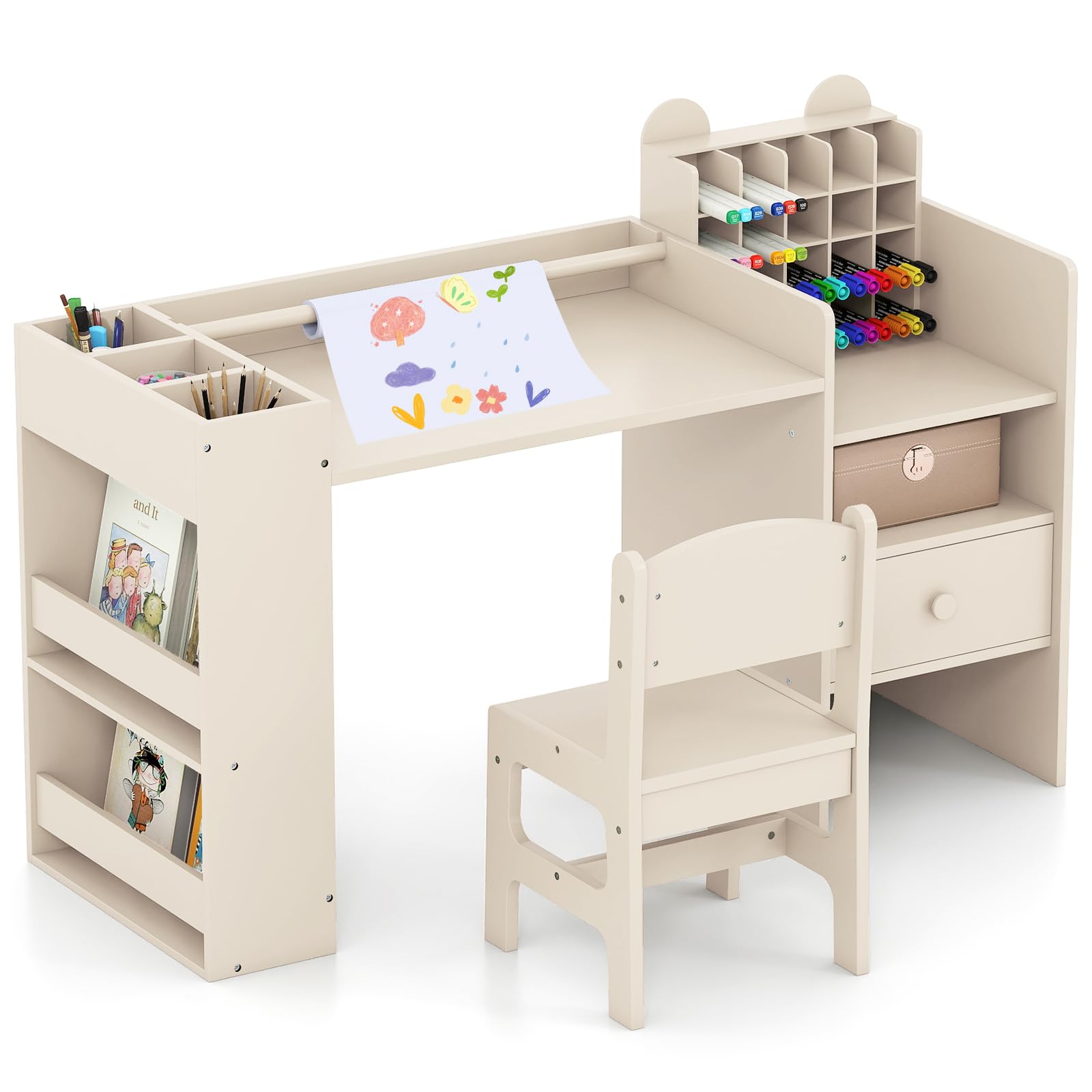 HOGEBABY Kids Desk and Chair Set Art Activity Desk Set with Detachable Paper Roll Holder