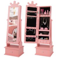 HOGEBABY Kids Jewelry Armoire Cabinet, 45" Standing Jewelry Organizer with Full-Length Mirror, 3 Storage Drawers