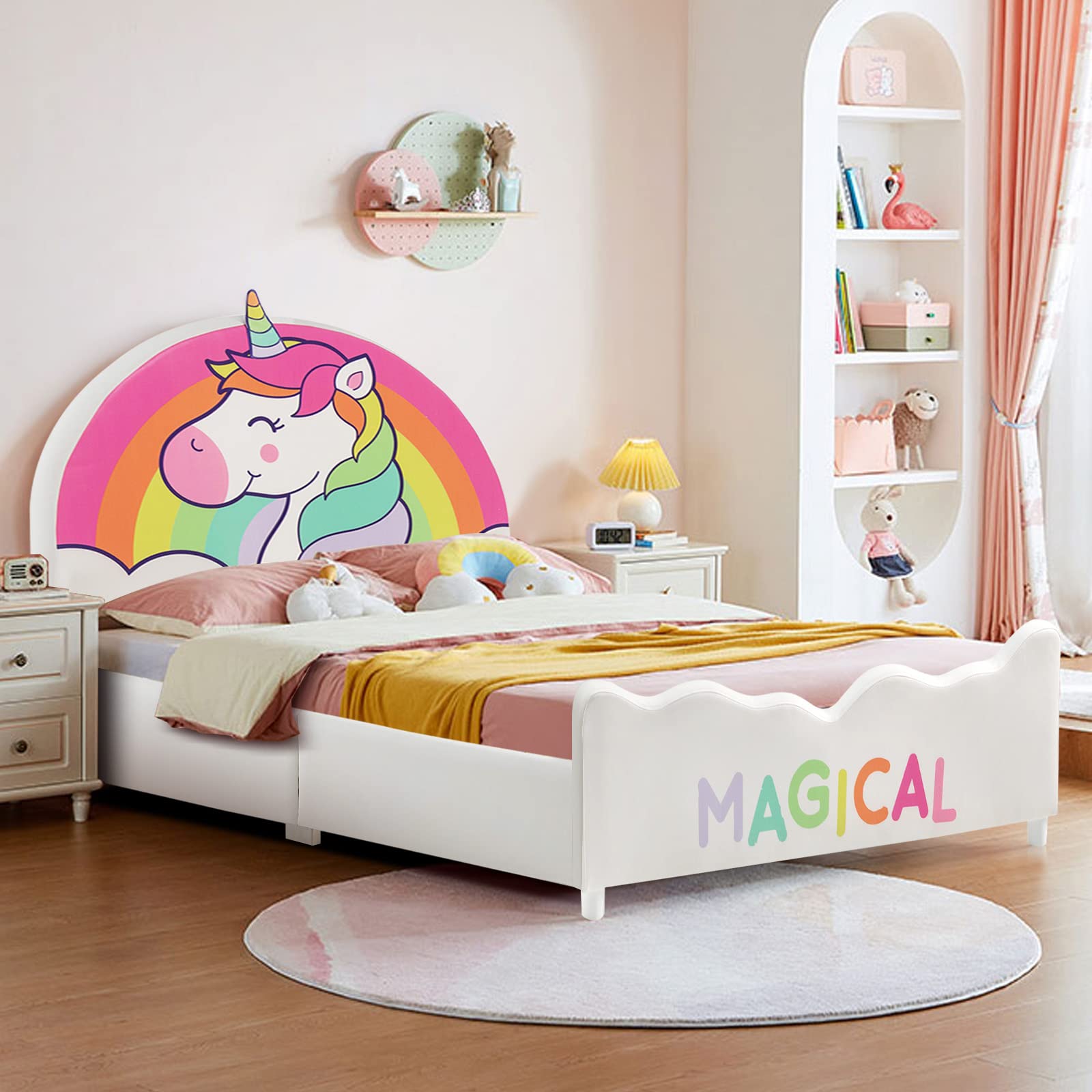 HOGEBABY Twin Bed Frames for Kids, Wood Upholstered Twin Bed Platform with Slat Support - Image 14