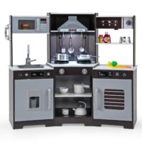 HOGEBABY Corner Kids Kitchen Playset, Wooden Toy Kitchen Set with Range Hood